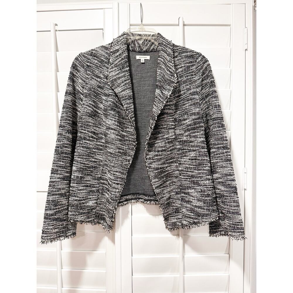 MAX STUDIO Tweed Open Front Blazer Fringe Trim Size Large Black White